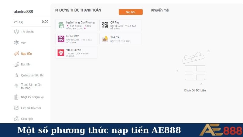 Một số phương thức nạp tiền AE888