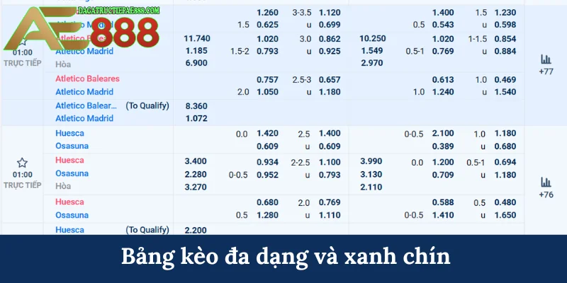 Bảng kèo đa dạng và xanh chín